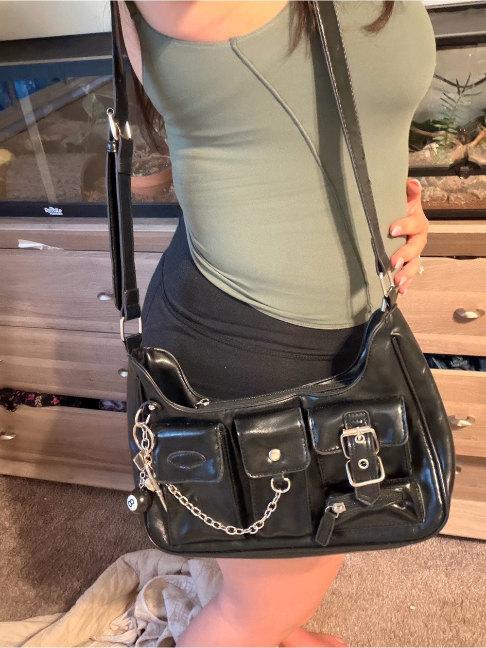Black Leather Shoulder Bag Crossbody Bag with Front Pockets